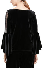 3/4 Sleeve Velvet Blouse with Beaded Illusion Mesh Detail and Cascade Bell Sleeves - alexevenings.com