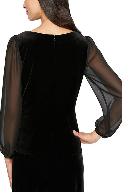 3/4 Sleeve Velvet Blouse with Embellished Ruched Waist Detail & Illusion Sleeves - alexevenings.com