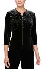 3/4 Sleeve Zip Jacket with Cascading Embellishment Detail - alexevenings.com