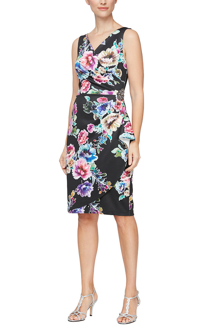 Regular - Short Printed Sheath Dress With Surplice Neckline, Beaded Hip and Cascade Skirt Detail