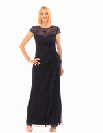 Long Cascade Detail Dress with Embroidered Illusion Neckline and Cap Sleeves