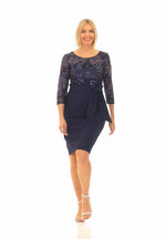 Short Stretch Crepe & Sequin Lace Sheath Dress with Embroidered Bodice, Tie Belt and Illusion Sleeves