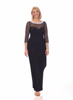 Long Matte Jersey Illusion 3/4 Sleeve Side Ruched Dress with Embellished Neckline