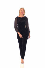 3/4 Sleeve Velvet Blouse with Embellished Ruched Waist Detail & Illusion Sleeves