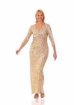 Long Column Sequin Gown with Surplice Neckline, 3/4 Sleeves and Knot Waist Detail