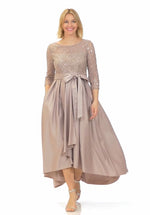 3/4 Sleeve Sequin Lace Party Dress with Satin Skirt & Ribbon Belt