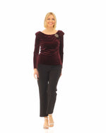 Long Sleeve Velvet Blouse with Ruched Collar Neckline & Decorative Broach