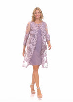 Short Embroidered Elongated Lace Mock Jacket with Jersey Sheath Dress