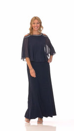 Cold Shoulder Popover Jersey & Chiffon Gown with Beaded Neckline