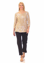 3/4 Sleeve Sequin Tunic Blouse with Side Slit Detail