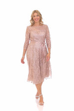 Midi Length Embroidered Tulle A-Line Dress with Illusion Neckline & Tie Belt
