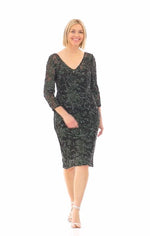 Regular - Short V-Neck Sheath Dress With Illusion Neckline and 3/4 Sleeves