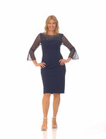 Sheath Crepe Dress with Embellished  Illusion Mesh Neckline and Bell Sleeves