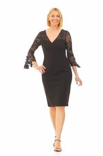 Short V-Neck Sheath Crepe Dress with Illusion Neckline & Cascade Bell Sleeves
