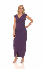 Long Cap Sleeve Compression Sheath Dress with Surplice Neckline and Hip Detail