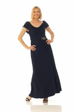 Long Cowl Neck A-Line Matte Jersey Dress with Pleated Bodice Detail, Cowl Back, and Embellishment Detail at Waist