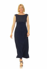 Long Empire Waist Lace and Jersey Gown with Side Ruched Skirt and Cowl Back Detail