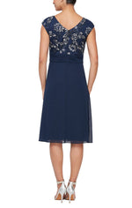 A-Line Dress with Embroidered Empire Bodice, Pleated Detail & Cascade Skirt - alexevenings.com
