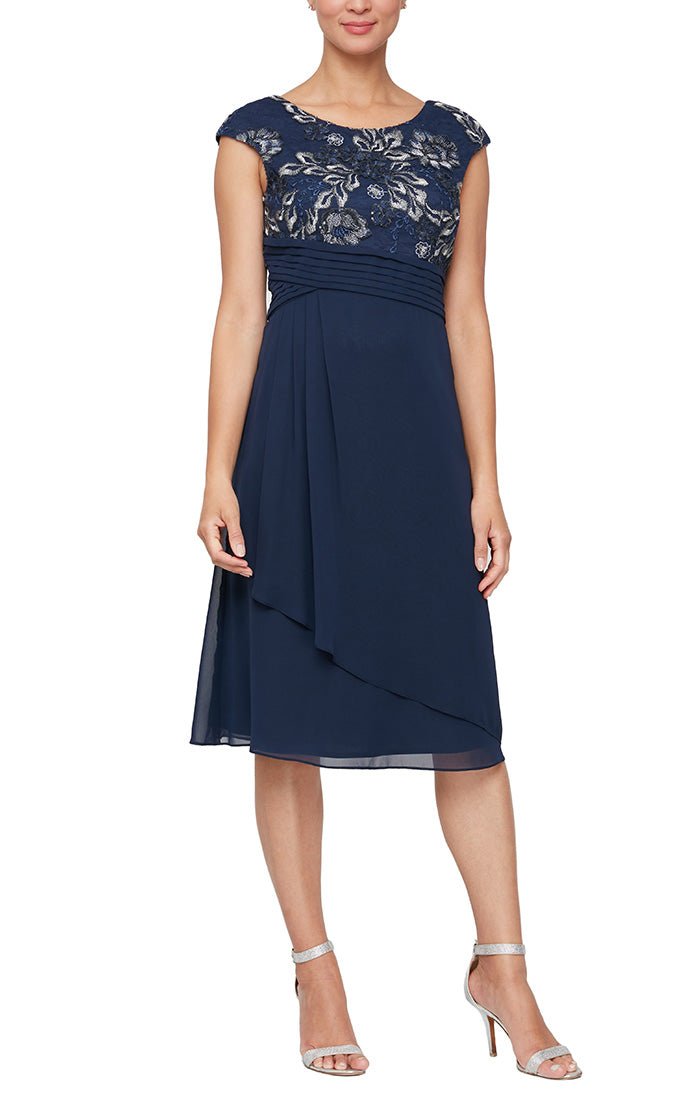 A-Line Dress with Embroidered Empire Bodice, Pleated Detail & Cascade Skirt - alexevenings.com