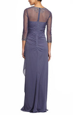A-Line Mesh Gown with Beaded Illusion Sweetheart Neckline & 3/4 Sleeves - alexevenings.com