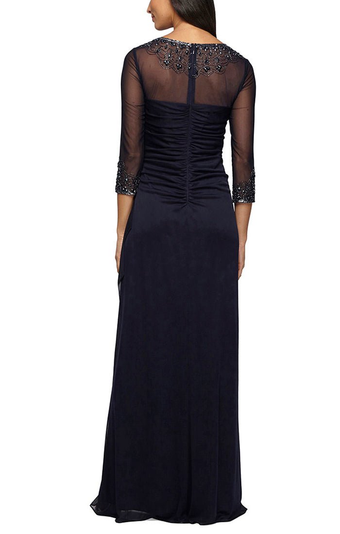 A-Line Mesh Gown with Beaded Illusion Sweetheart Neckline & 3/4 Sleeves - alexevenings.com