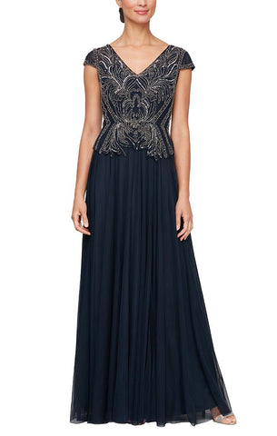 A Line V Neck Dress with Beaded Bodice Cap Sleeves