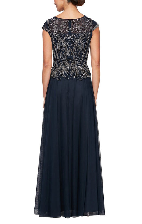 A-Line V-Neck Dress with Beaded Bodice & Cap Sleeves - alexevenings.com