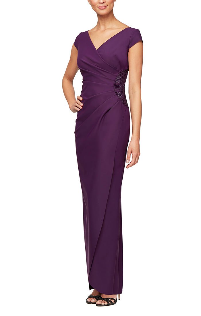 Cap Sleeve Compression Dress with Cap Sleeves & Embellished Hip Detail - alexevenings.com