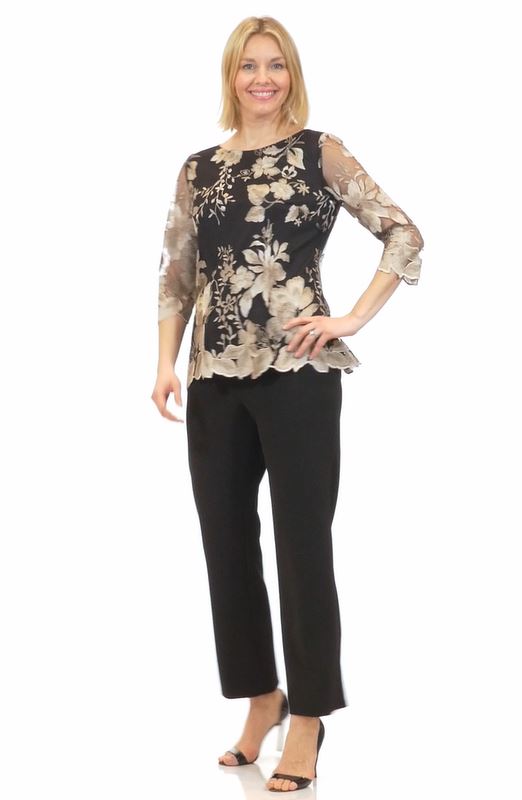 Alex Evenings Embroidered Stretch Tulle Scoop Neck 34 Sleeve Scallop Hem Blouse - M