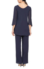 Chiffon Pantsuit with Asymmetric Cascade Ruffle Blouse with Crystal Drop Embellishment and Straight Leg Pant - alexevenings.com