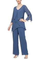 Chiffon Pantsuit with Asymmetric Cascade Ruffle Blouse with Crystal Drop Embellishment and Straight Leg Pant - alexevenings.com