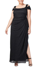 Cold Shoulder Glitter Mesh Dress with Draped Skirt & Cowl Neckline - alexevenings.com