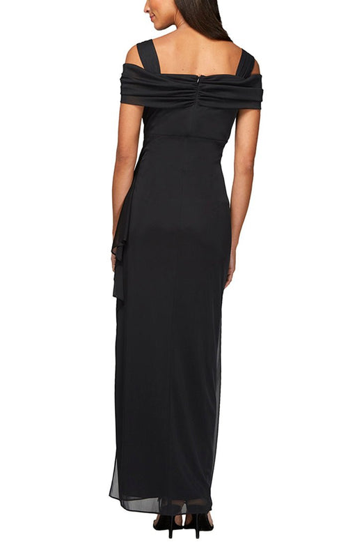 Cold Shoulder Mesh Gown with Cowl Neckline & Overlay Skirt - alexevenings.com