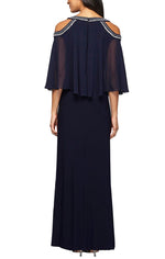 Cold Shoulder Popover Jersey and Chiffon Gown with Beaded Neckline - alexevenings.com