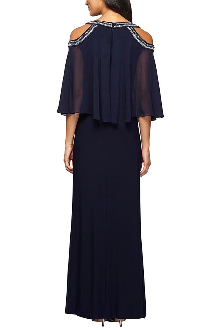 Cold Shoulder Popover Jersey & Chiffon Gown with Beaded Neckline