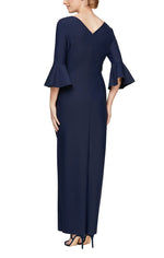 Compression Collection Long Sheath Dress with Bell Sleeves, a Cascade Ruffle Tulip Hem Skirt & Embellishment Detail at Hip - alexevenings.com