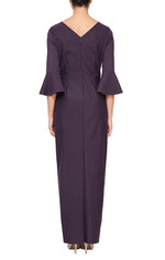 Compression Collection Long Sheath Dress with Bell Sleeves, a Cascade Ruffle Tulip Hem Skirt & Embellishment Detail at Hip - alexevenings.com
