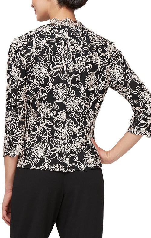 Embroidered Blouse with Center Front Scallop Detail and Illusion Sleeves - alexevenings.com