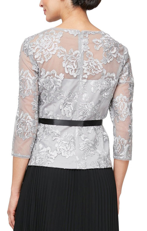 Embroidered Blouse with Illusion Neckline & Tie Belt - alexevenings.com