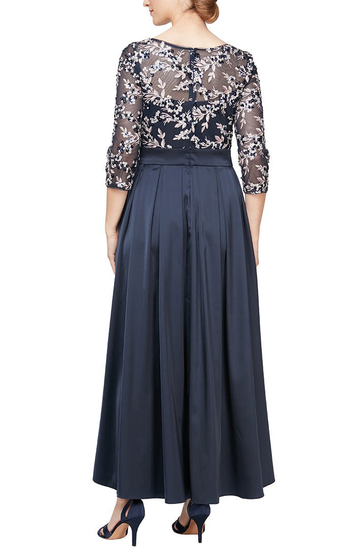 Embroidered High/Low Dress with Satin Skirt and 3/4 Sleeves - alexevenings.com