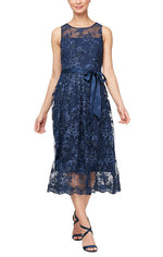 Embroidered Sleeveless Dress with Illusion Neckline & Tie Belt - alexevenings.com