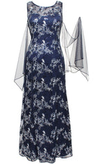 Embroidered Tulle Sleeveless Gown with Sweetheart Illusion Neckline & Matching Shawl - alexevenings.com