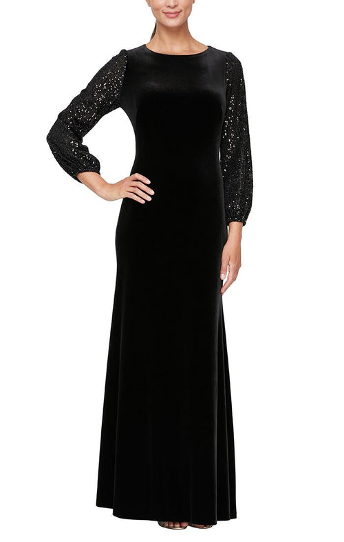 Fit & Flare Velvet Gown with Long Sequin Bubble Hem Sleeves - alexevenings.com