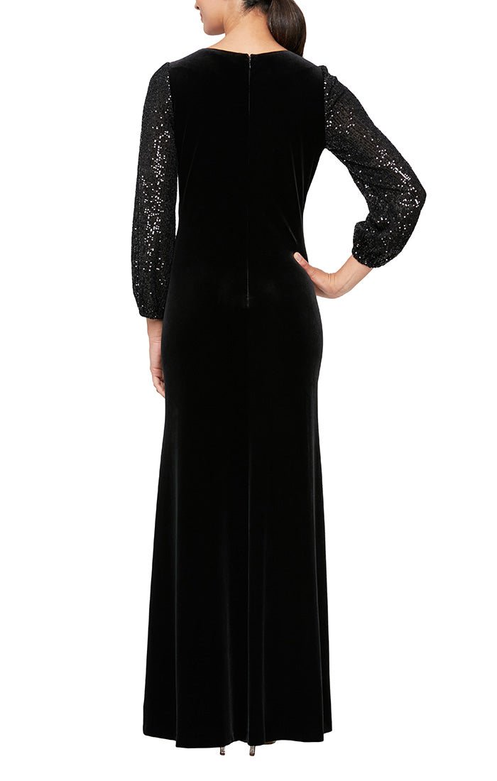 Fit & Flare Velvet Gown with Long Sequin Bubble Hem Sleeves - alexevenings.com