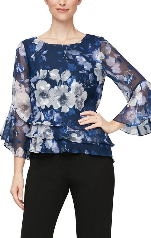 Floral Chiffon Blouse with Bell Sleeves and Asymmetric Triple Tier Hem - alexevenings.com