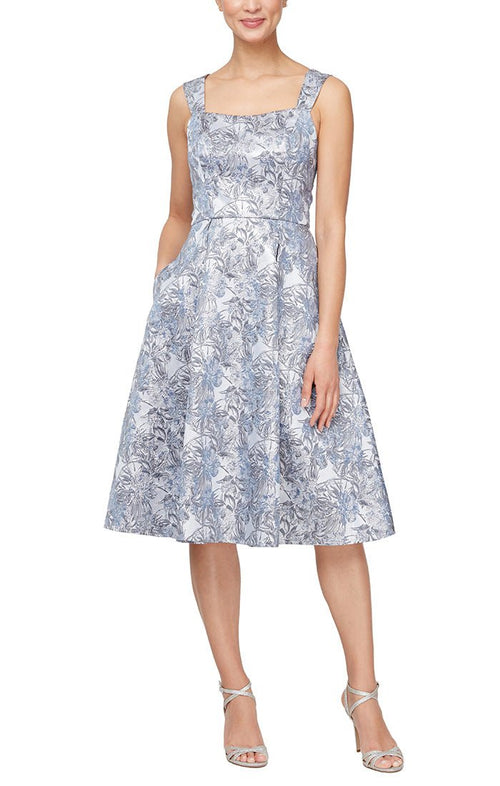 Floral Jacquard Square Neck Cocktail Dress with Full Skirt - alexevenings.com