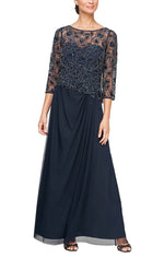 Glass Bead Embroidered Mock Dress with A-Line Mesh Skirt & Illusion Neckline - alexevenings.com