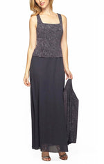 Glitter Jacquard Knit Long Dress with Mandarin Neck Jacket - alexevenings.com