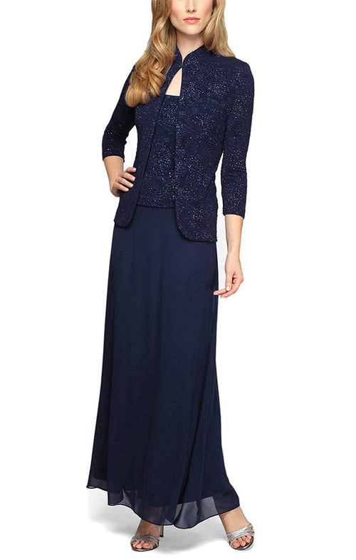 Glitter Jacquard Knit Long Dress with Mandarin Neck Jacket - alexevenings.com