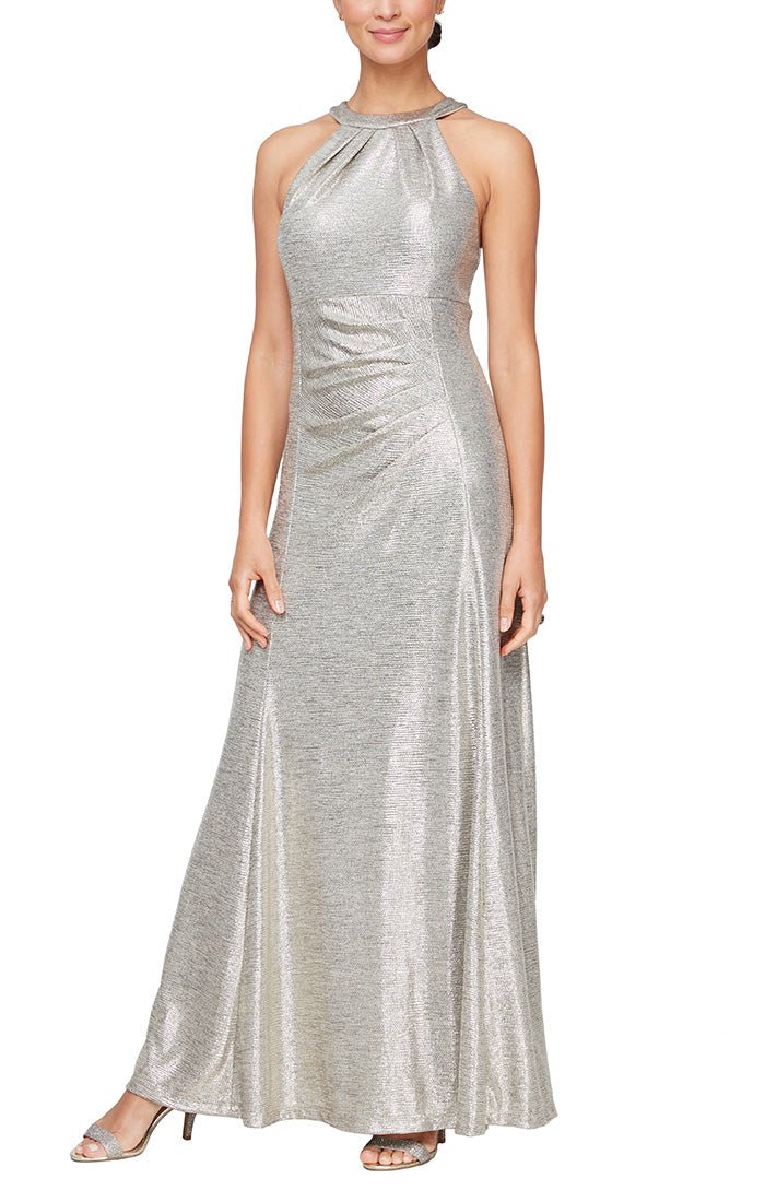 Halter Neck Metallic Knit Dress with Ruched Waist Detail - alexevenings.com
